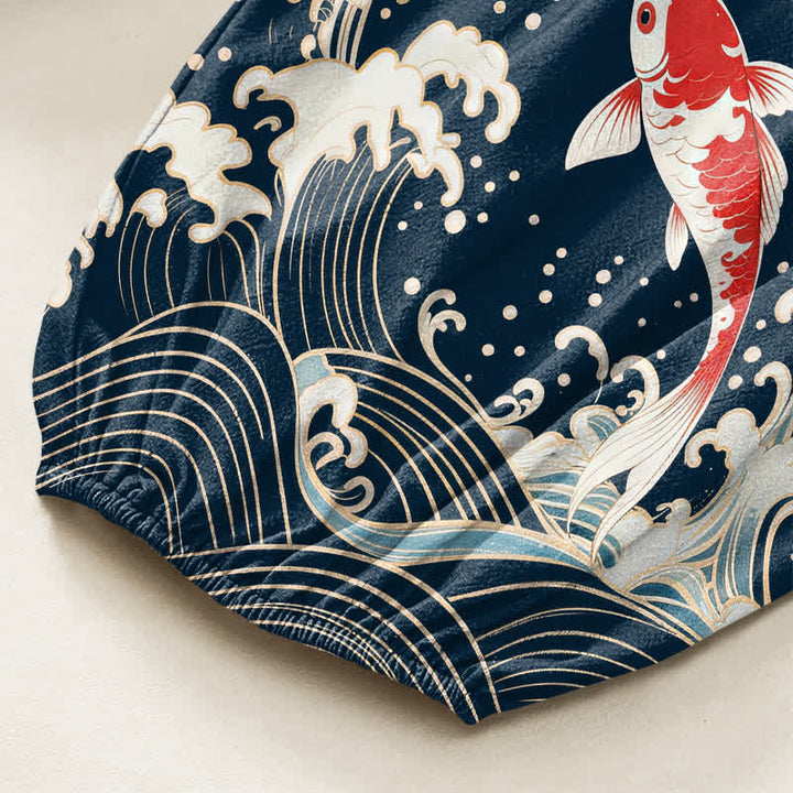 Buddha Stones Pantalones harem de algodón con estampado de olas marinas y carpas koi para mujer, con cintura elástica y bolsillos laterales. - image 6