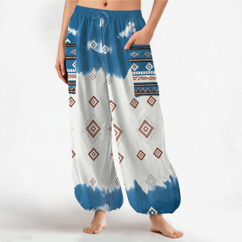 Buddha Stones Pantalones harem de algodón estilo bohemio con estampado geométrico de rombos y cintura elástica para mujer, con bolsillos laterales. - DodgerBlue - US16，UK/AU20，EU48 (3XL) - image 0