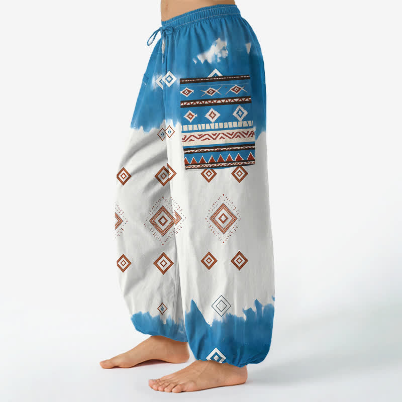 Buddha Stones Pantalones harem de algodón estilo bohemio con estampado geométrico de rombos y cintura elástica para mujer, con bolsillos laterales. - image 1