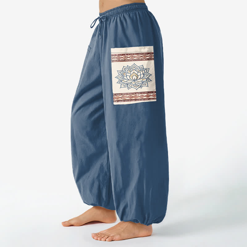 Buddha Stones Pantalones harem de algodón con estampado bohemio de mandala de loto y cintura elástica para mujer, con bolsillos laterales. - image 1