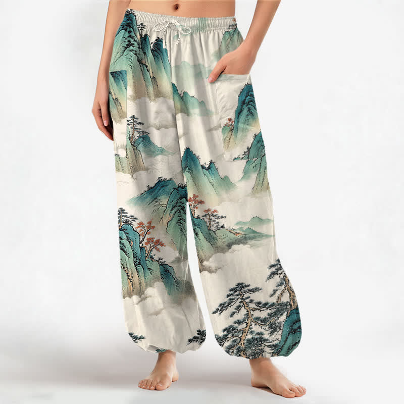 Buddha Stones Pantalones harem de mujer con cintura elástica y bolsillos laterales, estampado de paisaje de montaña con pinos y algodón. - Lino - US16，UK/AU20，EU48 (3XL) - image 0