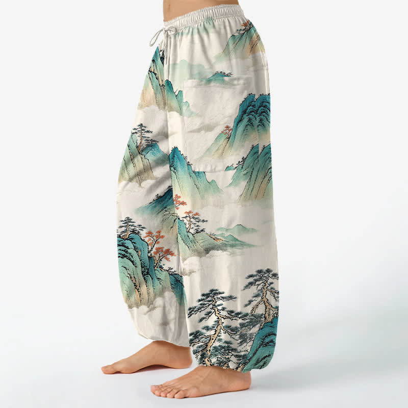 Buddha Stones Pantalones harem de mujer con cintura elástica y bolsillos laterales, estampado de paisaje de montaña con pinos y algodón. - image 1