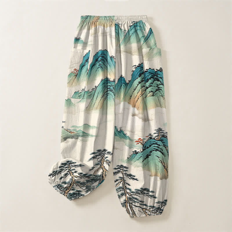 Buddha Stones Pantalones harem de mujer con cintura elástica y bolsillos laterales, estampado de paisaje de montaña con pinos y algodón. - image 4