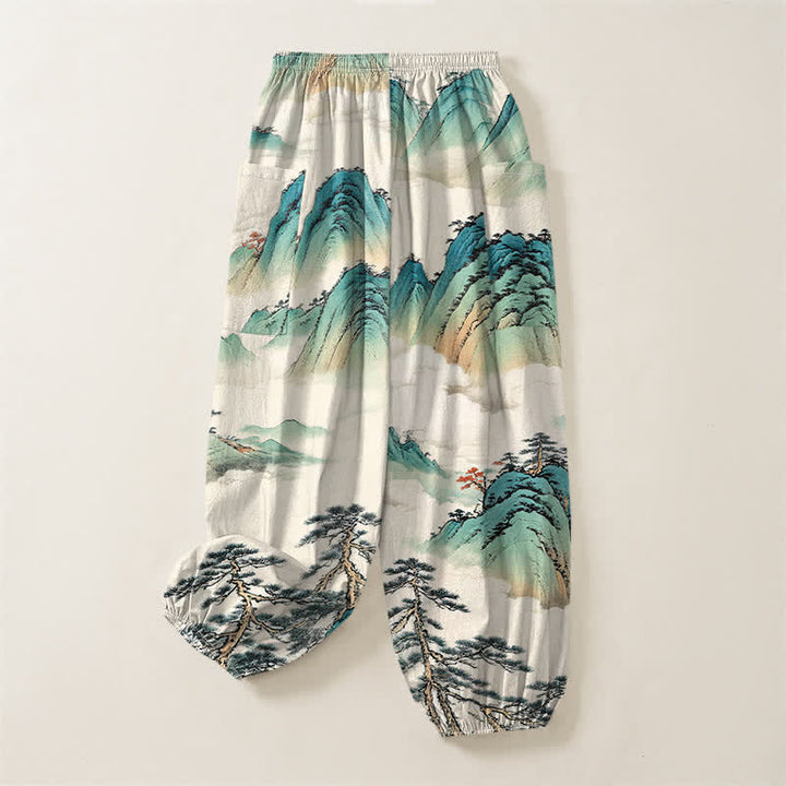 Buddha Stones Pantalones harem de mujer con cintura elástica y bolsillos laterales, estampado de paisaje de montaña con pinos y algodón. - image 4