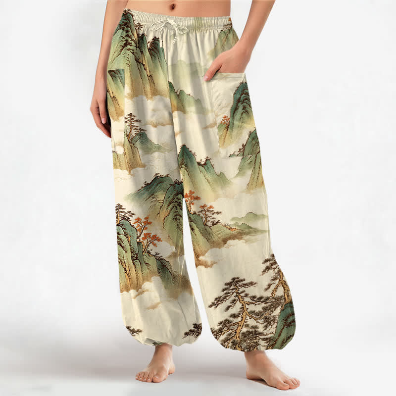 Buddha Stones Pantalones harem de mujer con cintura elástica y bolsillos laterales, estampado de paisaje de montaña con pinos y algodón. - Beige - US16，UK/AU20，EU48 (3XL) - image 7