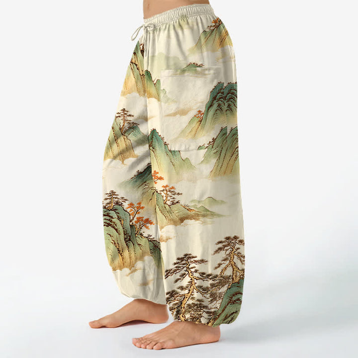 Buddha Stones Pantalones harem de mujer con cintura elástica y bolsillos laterales, estampado de paisaje de montaña con pinos y algodón. - image 8