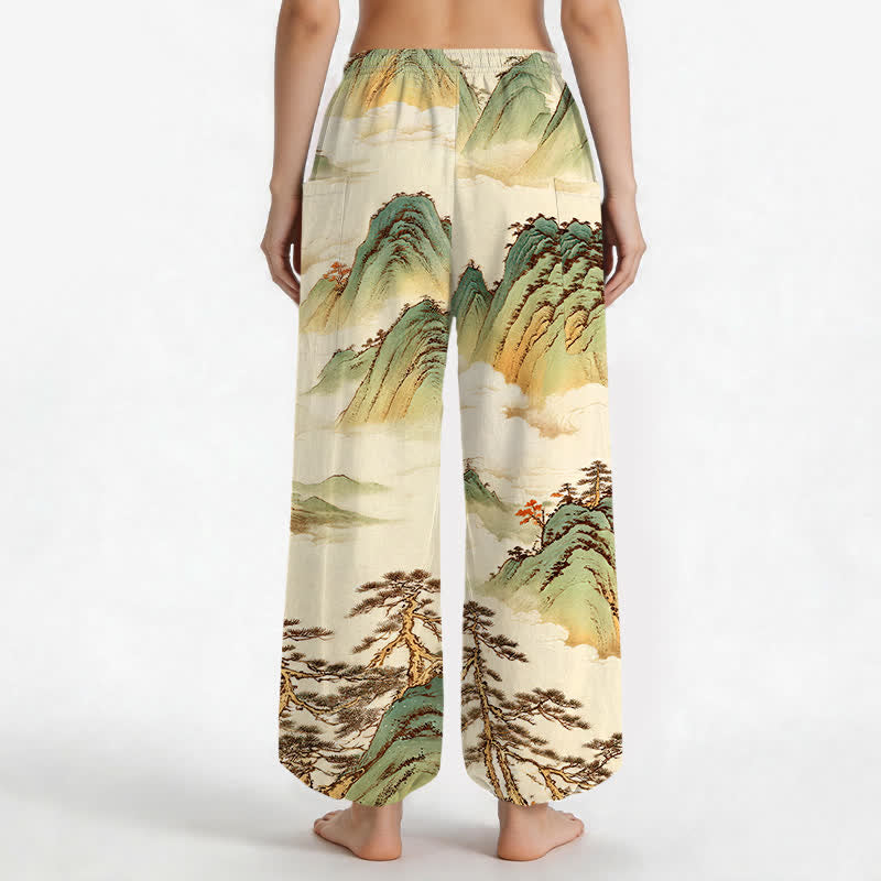 Buddha Stones Pantalones harem de mujer con cintura elástica y bolsillos laterales, estampado de paisaje de montaña con pinos y algodón. - image 9