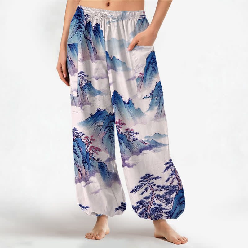 Buddha Stones Pantalones harem de mujer con cintura elástica y bolsillos laterales, estampado de paisaje de montaña con pinos y algodón. - Lavanda - US16，UK/AU20，EU48 (3XL) - image 10