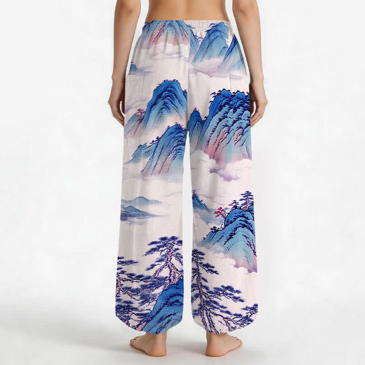 Buddha Stones Pantalones harem de mujer con cintura elástica y bolsillos laterales, estampado de paisaje de montaña con pinos y algodón. - image 12