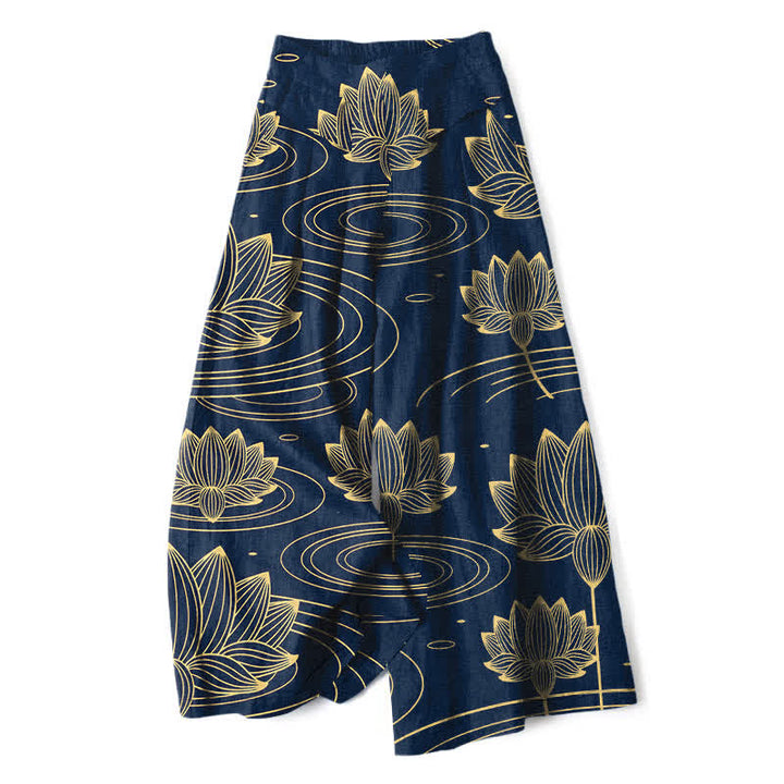 Buddha Stones Pantalones de mujer de algodón y lino con estampado de ondas de loto, cintura elástica y pernera ancha con bolsillos. - Marina de guerra - US16，UK/AU20，EU48 (3XL) - image 0
