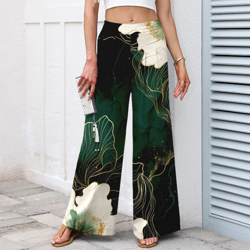 Buddha Stones Pantalones de mujer de algodón y lino con estampado floral artístico blanco, cintura elástica y pernera ancha con bolsillos. - image 1