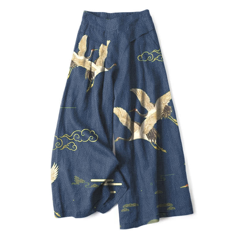 Buddha Stones Pantalones de mujer de algodón y lino con estampado de grullas orientales y nubes, cintura elástica, pernera ancha y bolsillos. - Marina de guerra - US16，UK/AU20，EU48 (3XL) - image 0