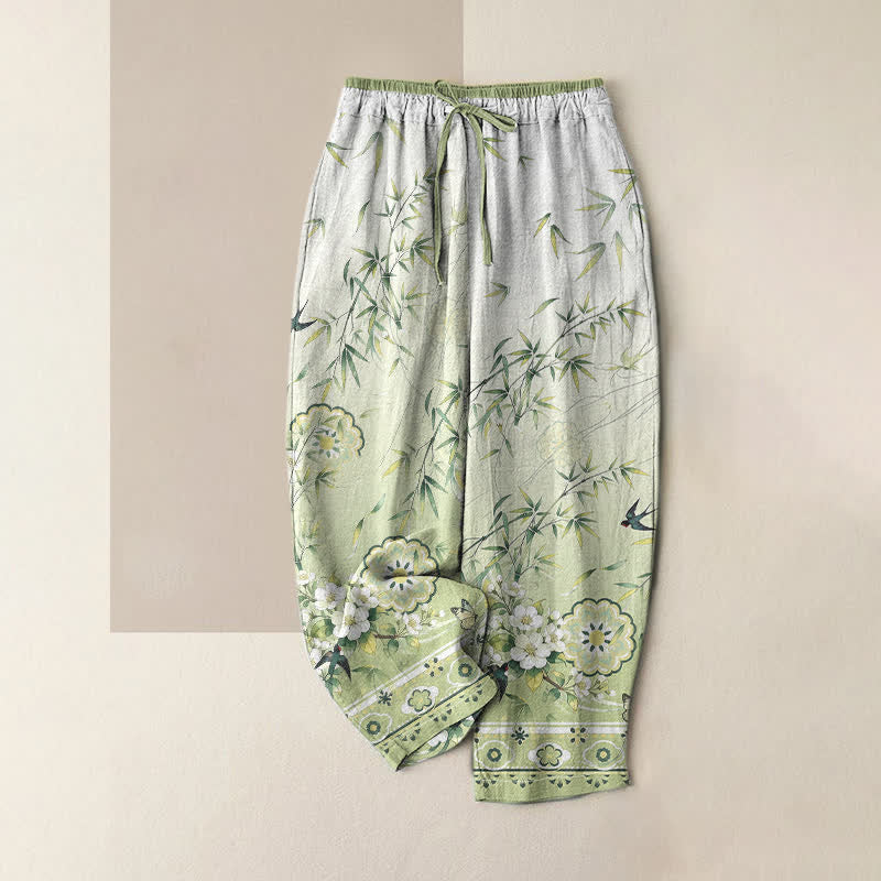 Buddha Stones Pantalones de mujer de algodón puro con estampado de flores de bambú orientales, cintura elástica y bolsillos. - Verde pálido - US16，UK/AU20，EU48 (3XL) - image 0