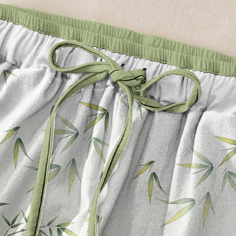Buddha Stones Pantalones de mujer de algodón puro con estampado de flores de bambú orientales, cintura elástica y bolsillos. - image 1