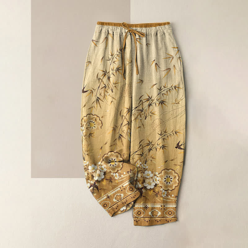 Buddha Stones Pantalones de mujer de algodón puro con estampado de flores de bambú orientales, cintura elástica y bolsillos. - vara de oro - US16，UK/AU20，EU48 (3XL) - image 4