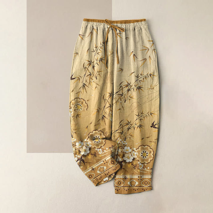 Buddha Stones Pantalones de mujer de algodón puro con estampado de flores de bambú orientales, cintura elástica y bolsillos. - vara de oro - US16，UK/AU20，EU48 (3XL) - image 4