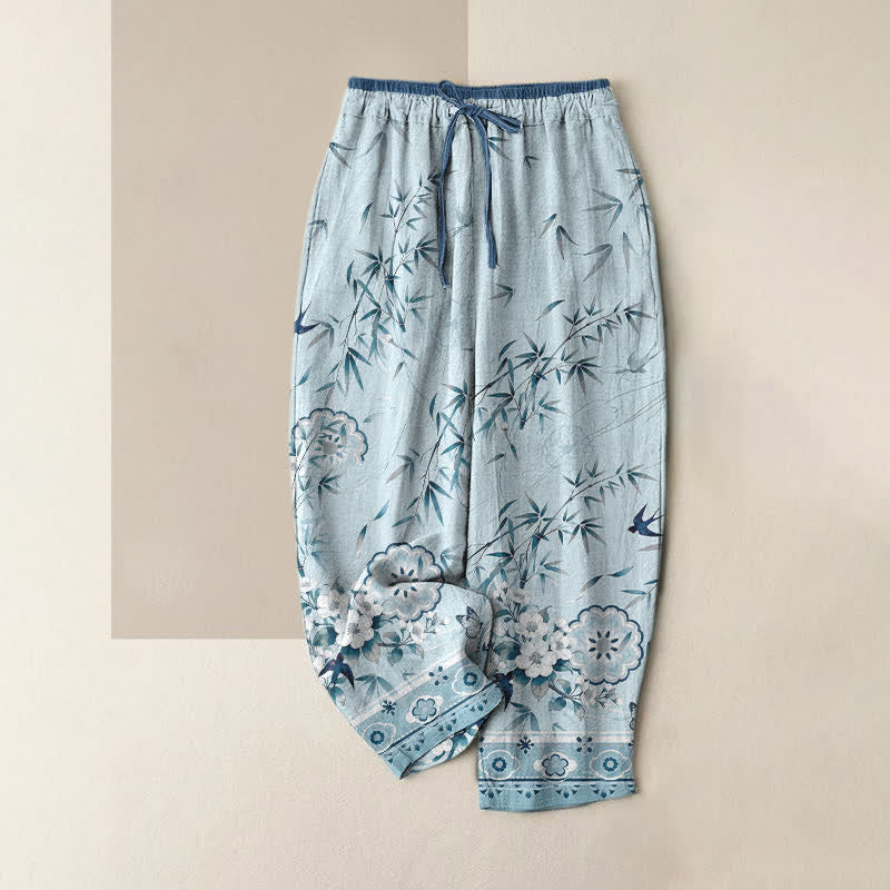 Buddha Stones Pantalones de mujer de algodón puro con estampado de flores de bambú orientales, cintura elástica y bolsillos. - Turquesa - US16，UK/AU20，EU48 (3XL) - image 5