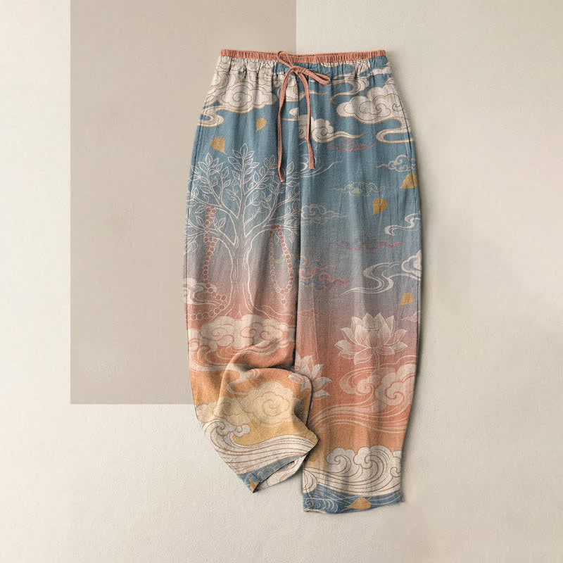 Buddha Stones Pantalones de mujer de algodón puro con estampado degradado de nube de loto y cintura elástica con bolsillos. - Salmón claro - US16，UK/AU20，EU48 (3XL) - image 0