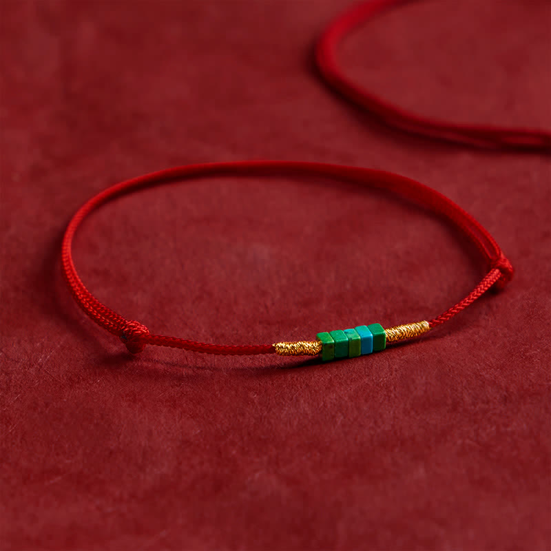 Buddha Stones Pulsera de cuerda roja con cuentas cuadradas de turquesa ultrafinas para protección - image 2