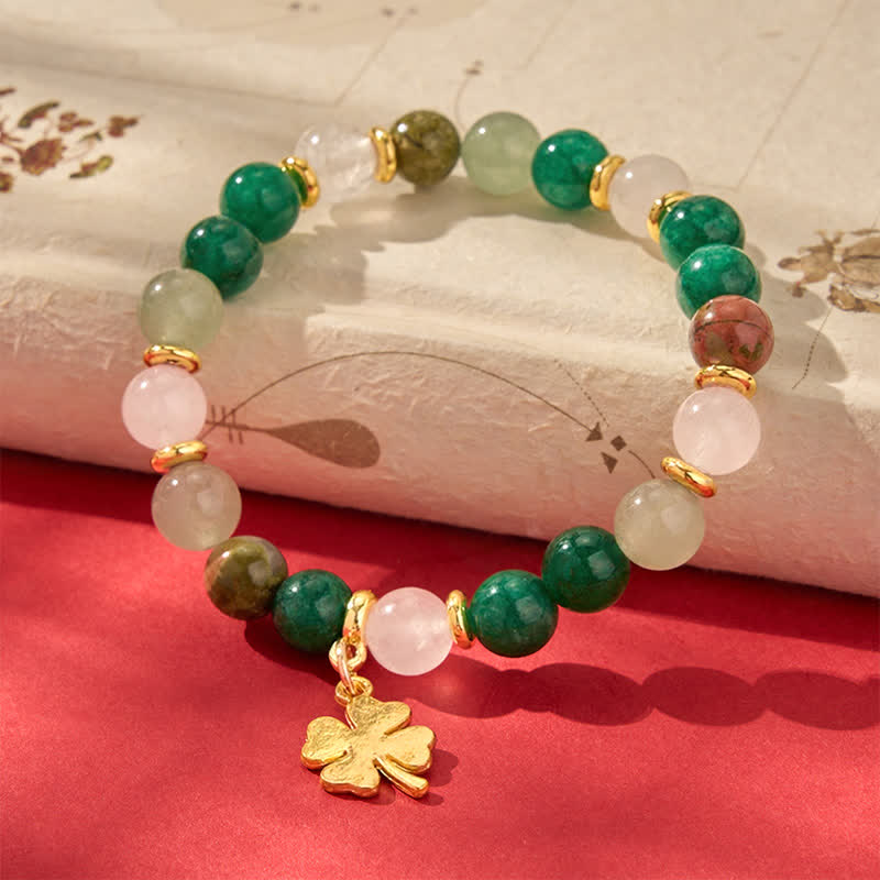 Buddha Stones Pulsera redonda de cuentas de aventurina verde con trébol de cuatro hojas para la buena suerte - Aventurina verde (Suerte ♥ Positividad) - image 0