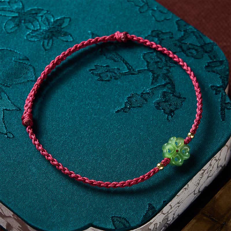 Buddha Stones Pulsera de cuerda roja con trébol de cuatro hojas de jade cian natural de Hetian - image 9