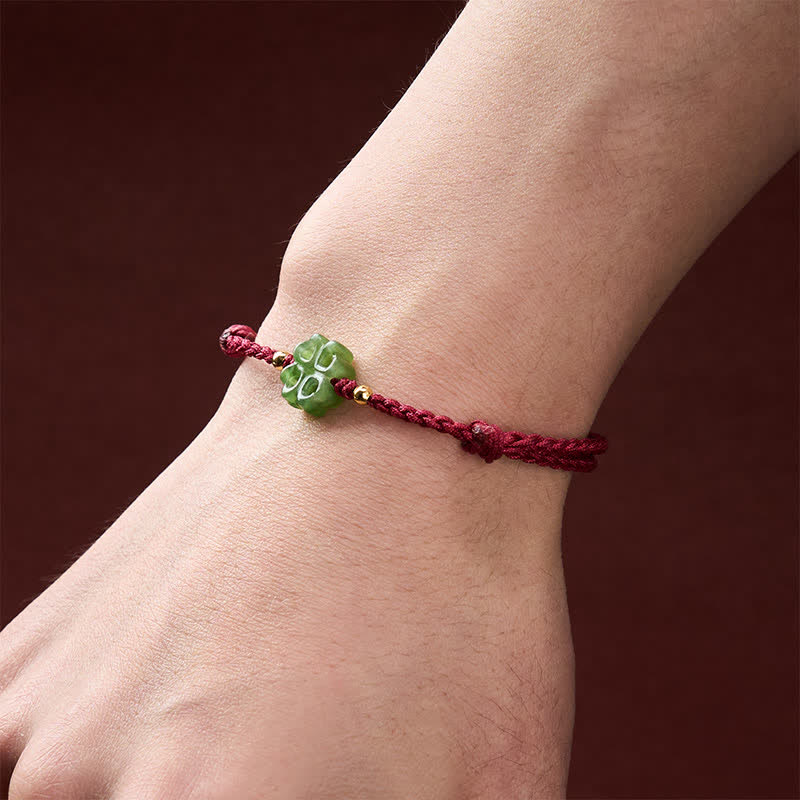 Buddha Stones Pulsera de cuerda roja con trébol de cuatro hojas de jade cian natural de Hetian - image 4
