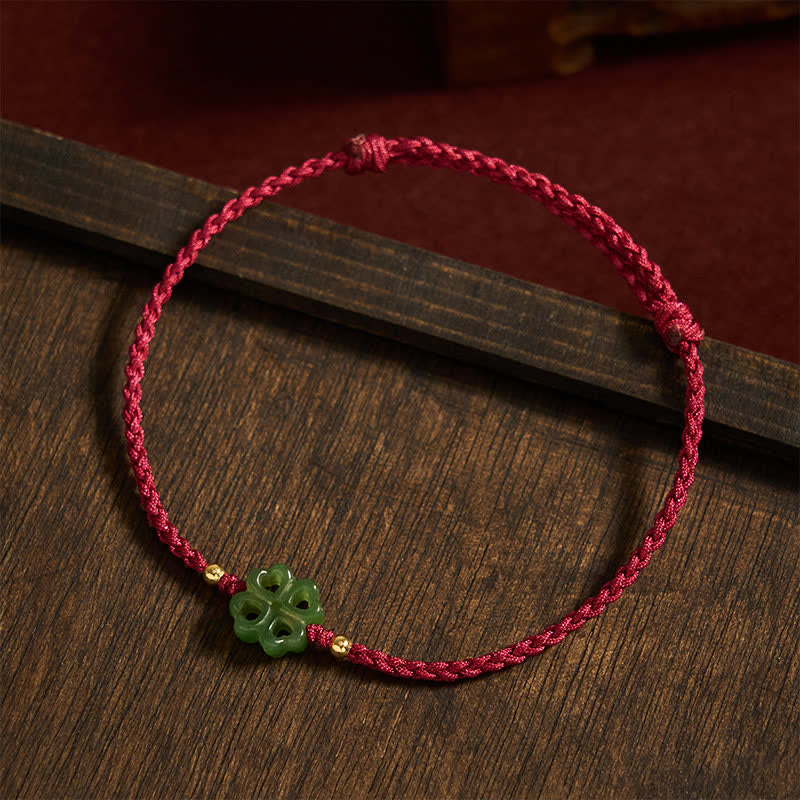 Buddha Stones Pulsera de cuerda roja con trébol de cuatro hojas de jade cian natural de Hetian - image 3