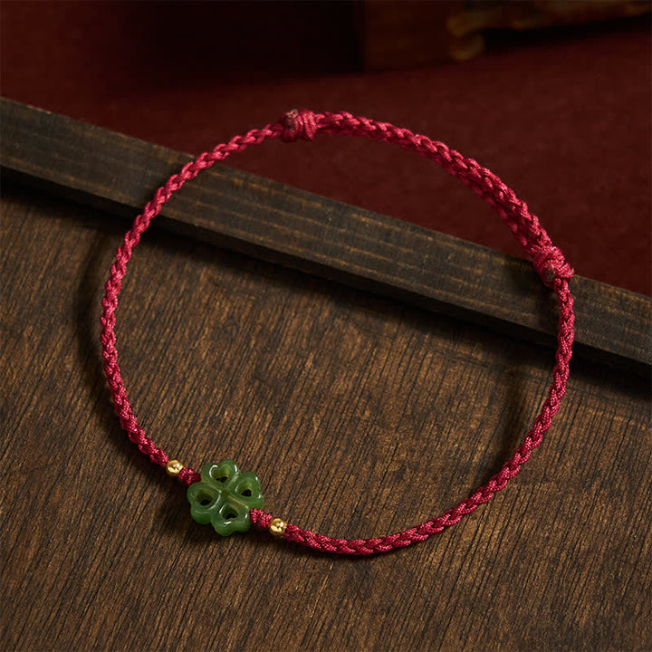 Buddha Stones Pulsera de cuerda roja con trébol de cuatro hojas de jade cian natural de Hetian - image 3