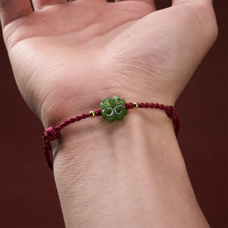 Buddha Stones Pulsera de cuerda roja con trébol de cuatro hojas de jade cian natural de Hetian - image 8