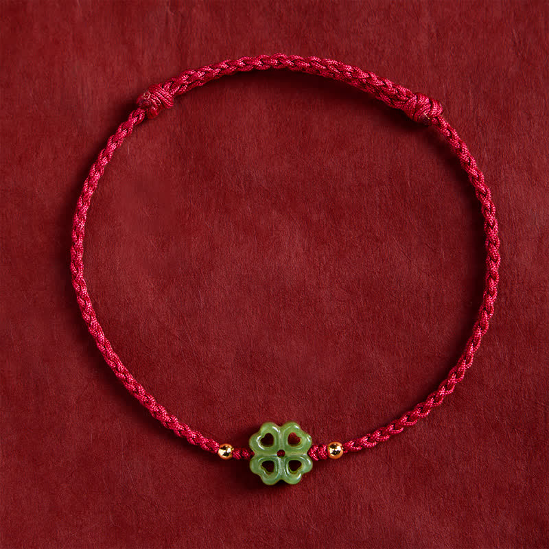 Buddha Stones Pulsera de cuerda roja con trébol de cuatro hojas de jade cian natural de Hetian - image 1