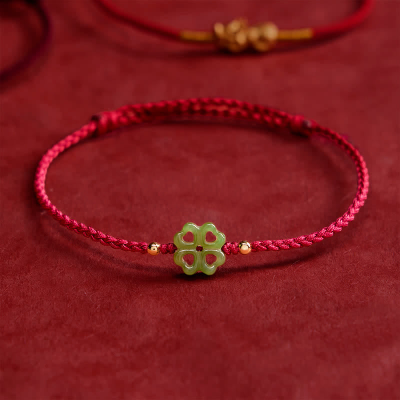 Buddha Stones Pulsera de cuerda roja con trébol de cuatro hojas de jade cian natural de Hetian - image 2