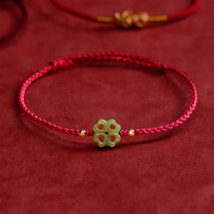 Buddha Stones Pulsera de cuerda roja con trébol de cuatro hojas de jade cian natural de Hetian - image 2