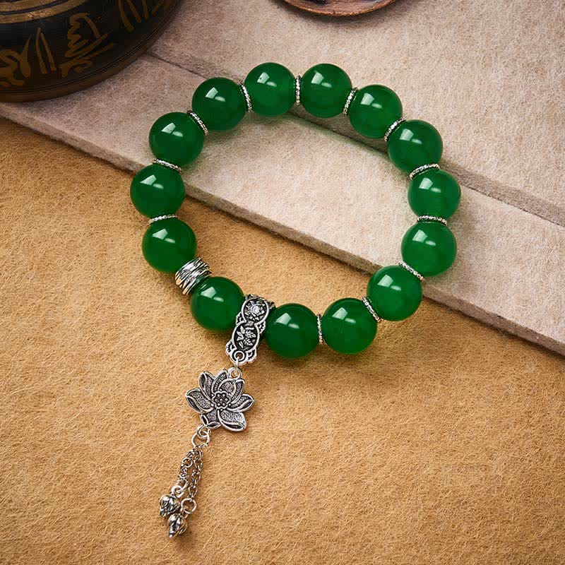 Buddha Stones Pulsera protectora con dije de loto, cuentas de jade y cuarcita verde natural - image 3