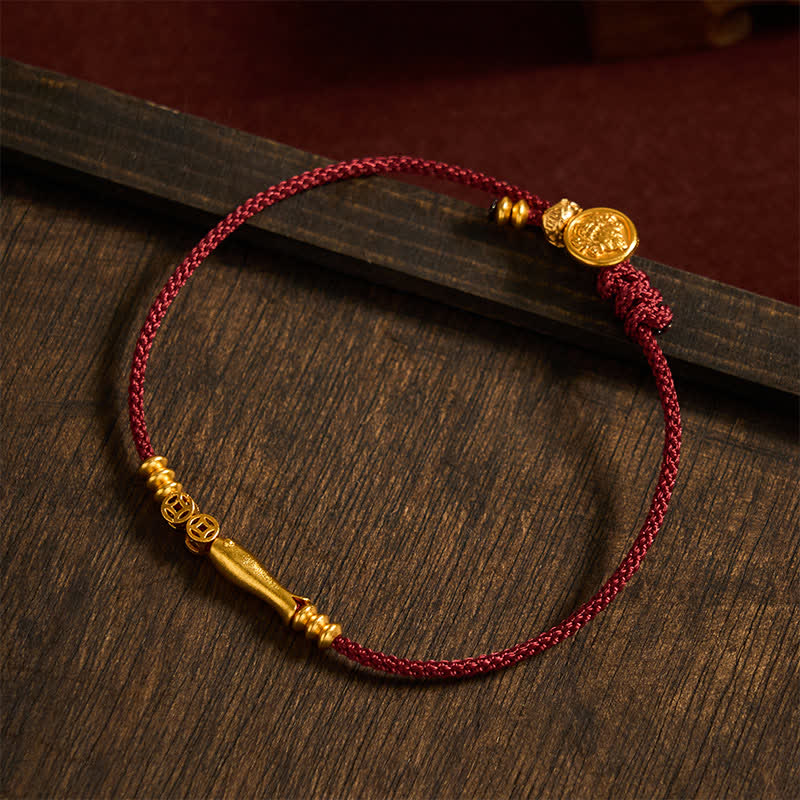 Buddha Stones Pulsera de la suerte tejida a mano con hilo rojo, diseño de pez koi y moneda de cobre. - image 2