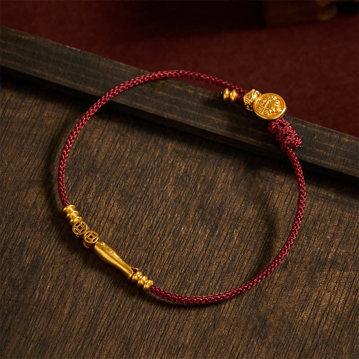 Buddha Stones Pulsera de la suerte tejida a mano con hilo rojo, diseño de pez koi y moneda de cobre. - image 2