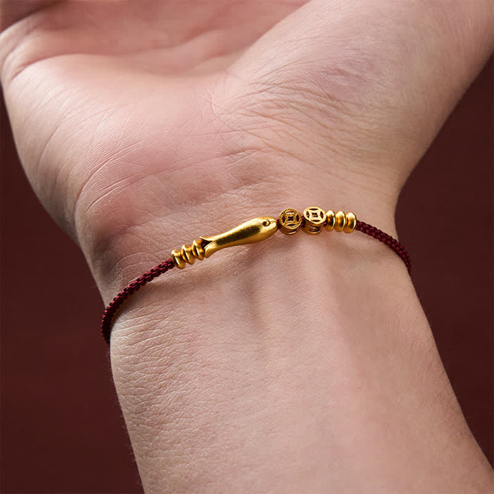 Buddha Stones Pulsera de la suerte tejida a mano con hilo rojo, diseño de pez koi y moneda de cobre. - image 7