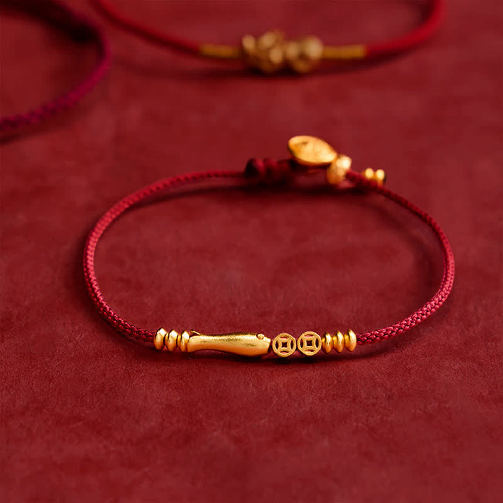 Buddha Stones Pulsera de la suerte tejida a mano con hilo rojo, diseño de pez koi y moneda de cobre. - image 3