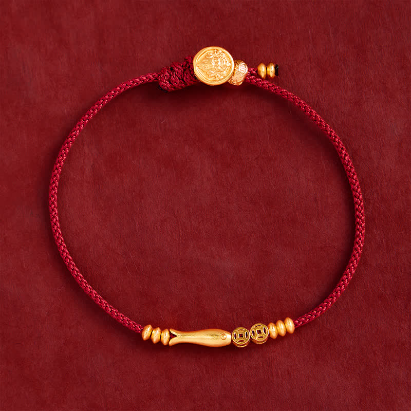 Buddha Stones Pulsera de la suerte tejida a mano con hilo rojo, diseño de pez koi y moneda de cobre. - image 1