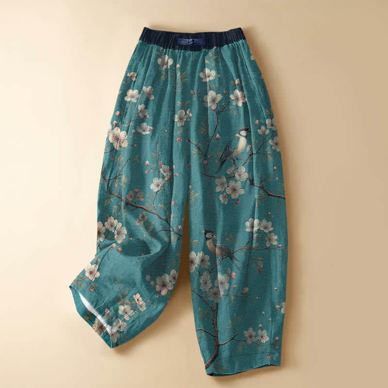 Buddha Stones Pantalones harem de algodón puro con estampado vintage de flores y pájaros, botones de rana y cintura elástica para mujer, con bolsillos. - Turquesa medio - US16，UK/AU20，EU48 (3XL) - image 0