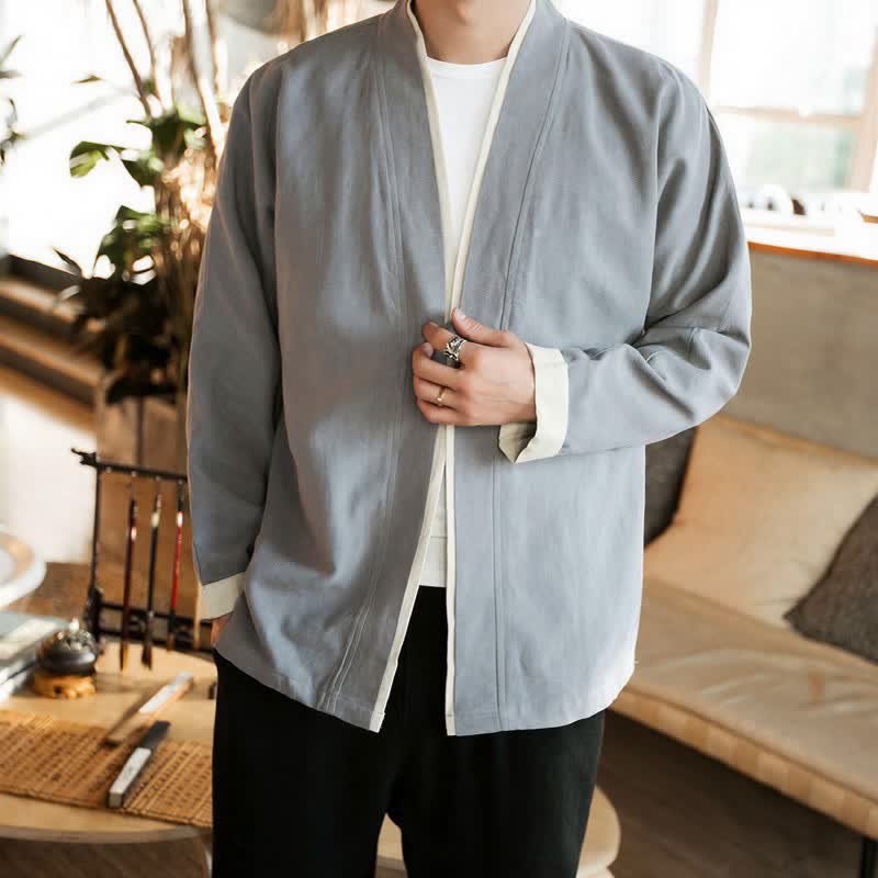 Buddha Stones Kimono de hombre de algodón liso con botones de rana, estilo Tang minimalista, para otoño/invierno. - image 11
