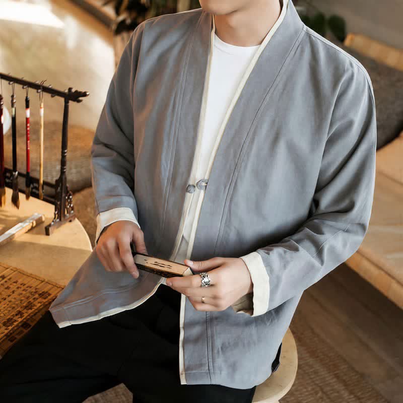 Buddha Stones Kimono de hombre de algodón liso con botones de rana, estilo Tang minimalista, para otoño/invierno. - image 12