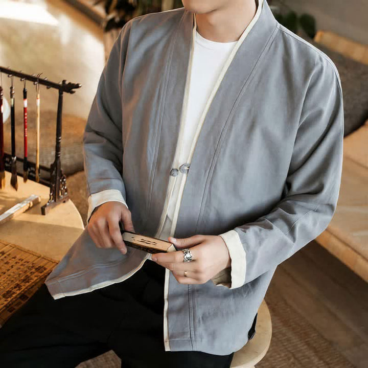 Buddha Stones Kimono de hombre de algodón liso con botones de rana, estilo Tang minimalista, para otoño/invierno. - image 12