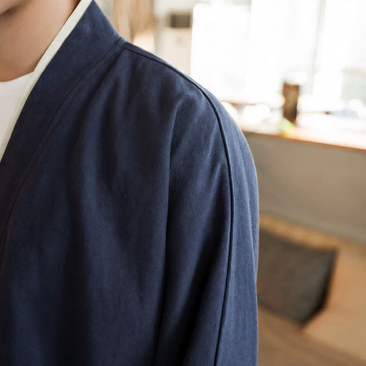 Buddha Stones Kimono de hombre de algodón liso con botones de rana, estilo Tang minimalista, para otoño/invierno. - image 6