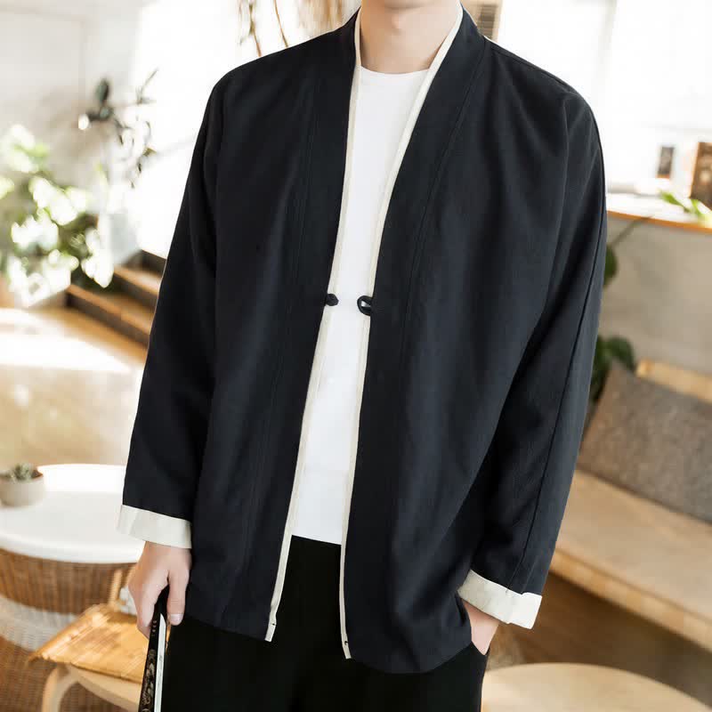 Buddha Stones Kimono de hombre de algodón liso con botones de rana, estilo Tang minimalista, para otoño/invierno. - Negro - US/UK/AU46, EU56 (5XL) - image 13