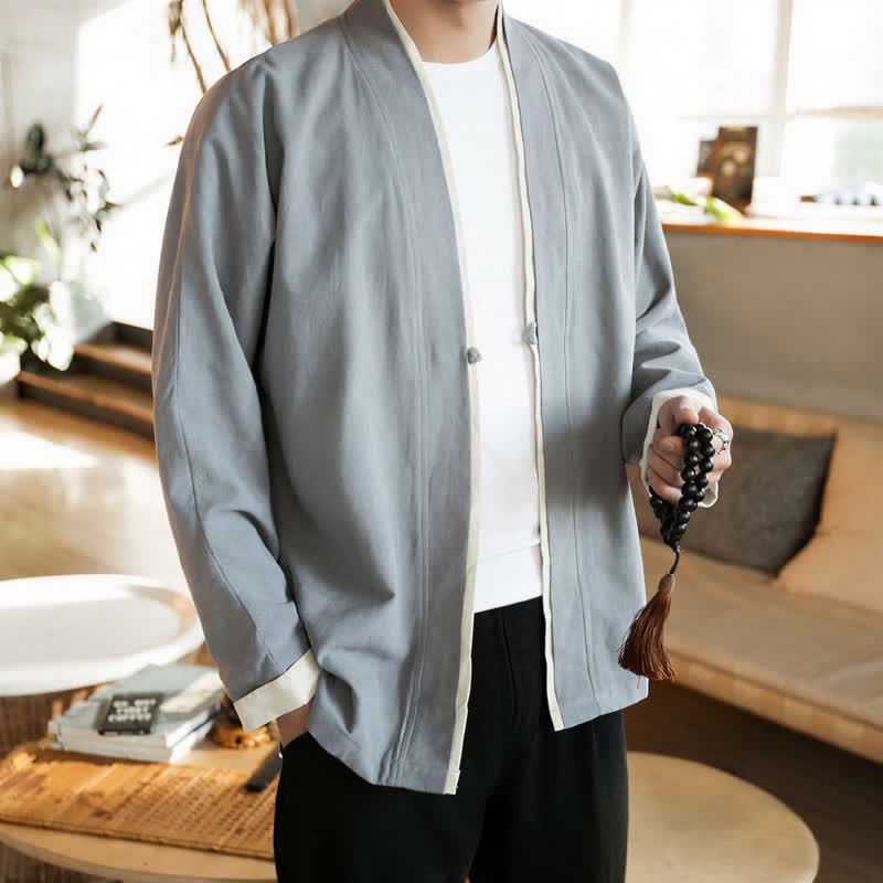 Buddha Stones Kimono de hombre de algodón liso con botones de rana, estilo Tang minimalista, para otoño/invierno. - image 10