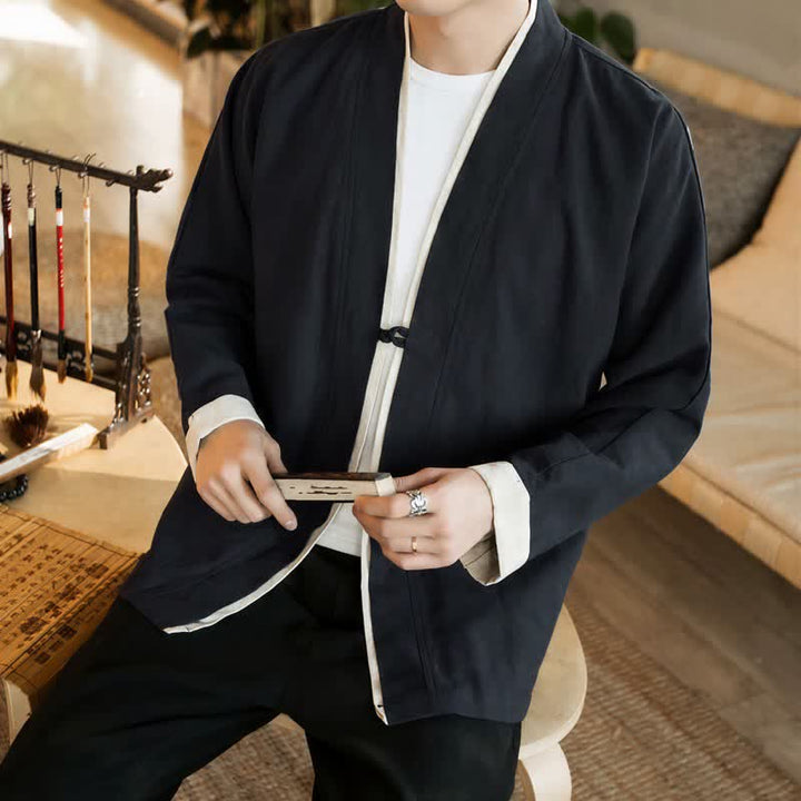 Buddha Stones Kimono de hombre de algodón liso con botones de rana, estilo Tang minimalista, para otoño/invierno. - image 17