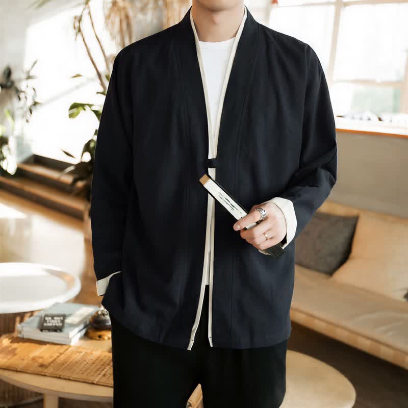 Buddha Stones Kimono de hombre de algodón liso con botones de rana, estilo Tang minimalista, para otoño/invierno. - image 14