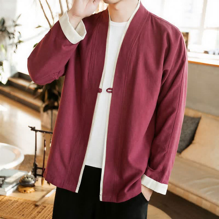 Buddha Stones Kimono de hombre de algodón liso con botones de rana, estilo Tang minimalista, para otoño/invierno. - Granate - US/UK/AU46, EU56 (5XL) - image 18