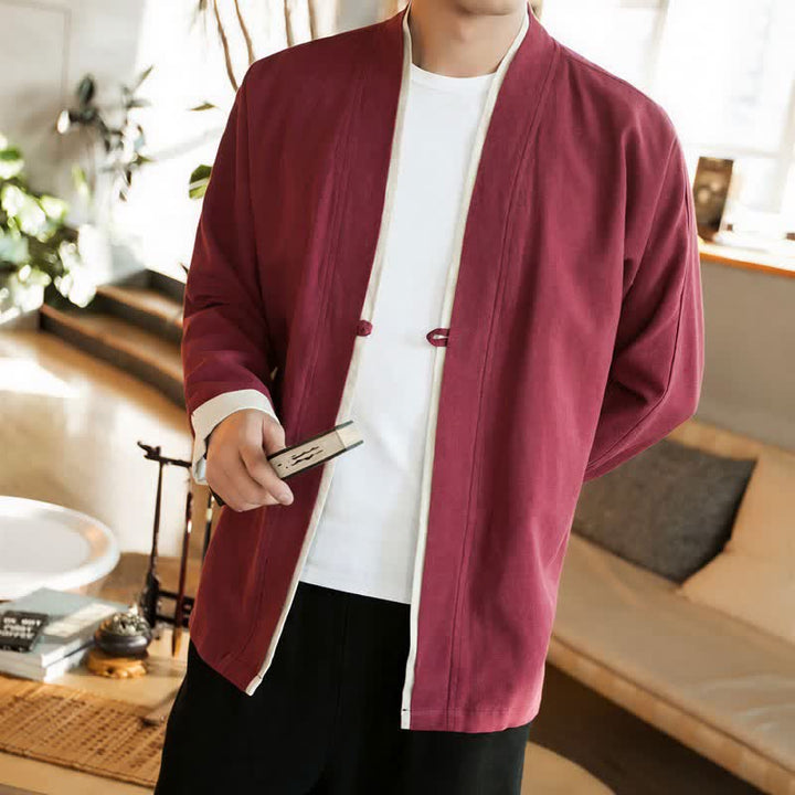 Buddha Stones Kimono de hombre de algodón liso con botones de rana, estilo Tang minimalista, para otoño/invierno. - image 19