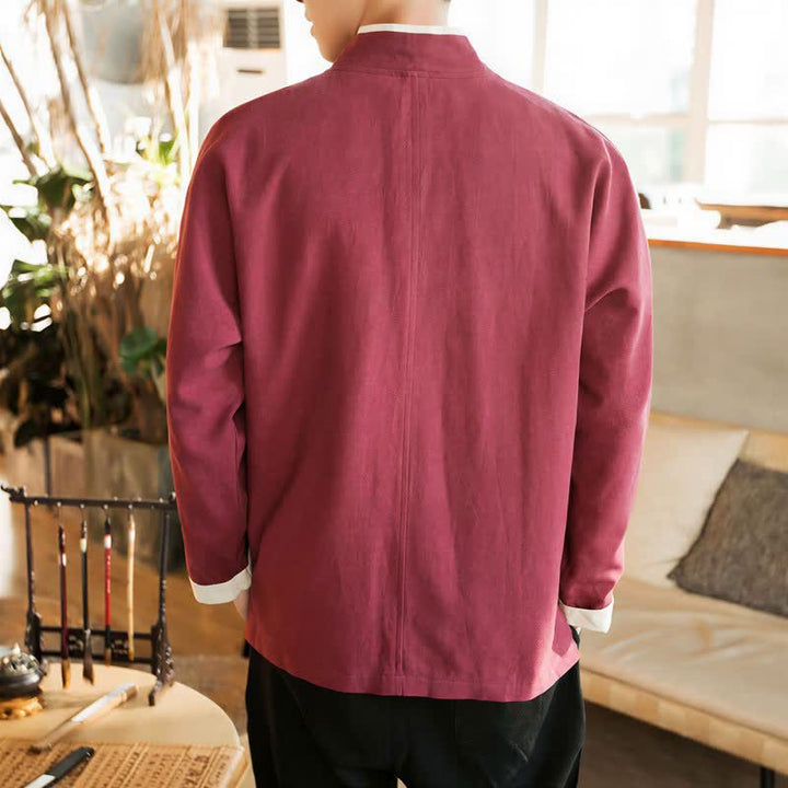 Buddha Stones Kimono de hombre de algodón liso con botones de rana, estilo Tang minimalista, para otoño/invierno. - image 20